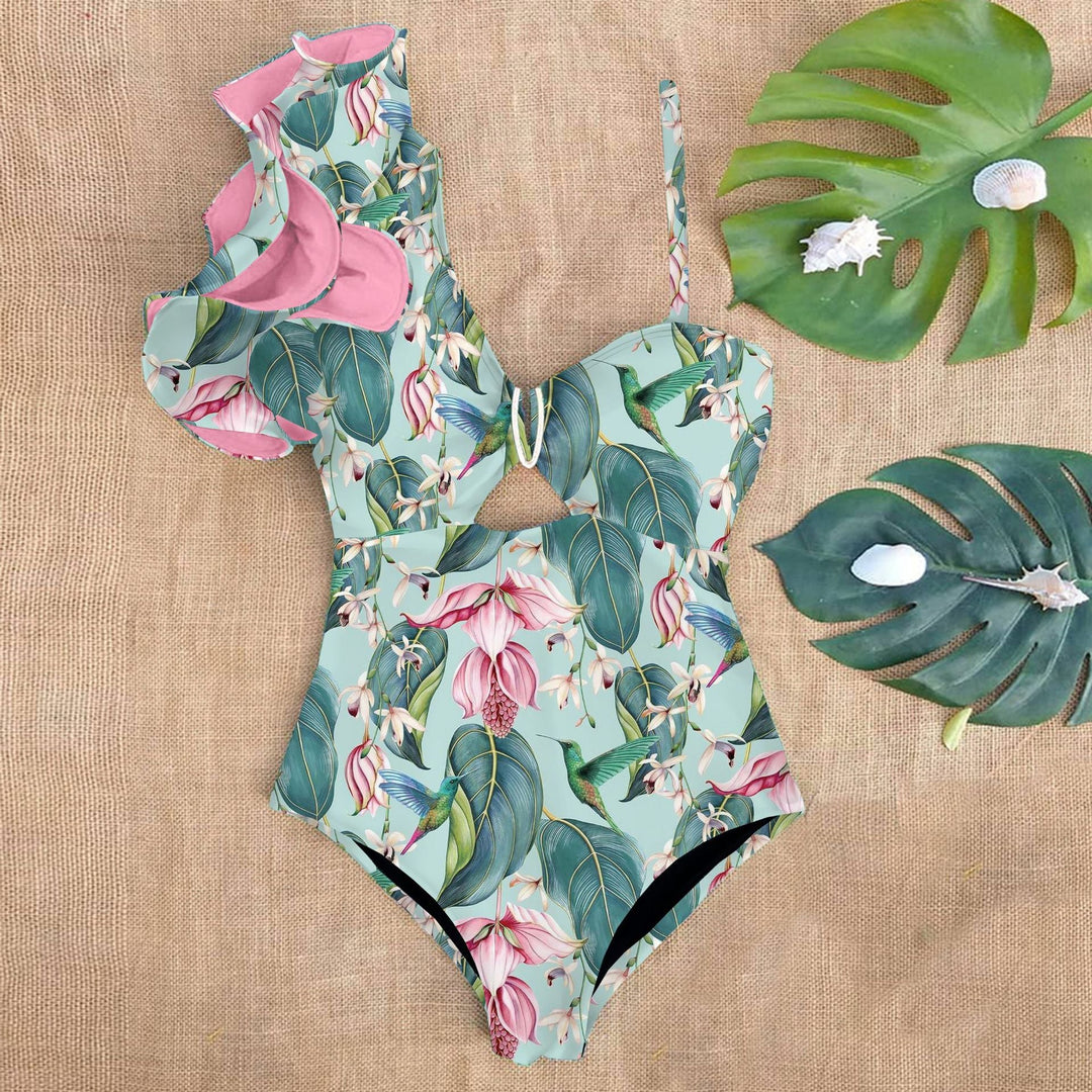 One-shoulder bodycon ruffled swimsuit