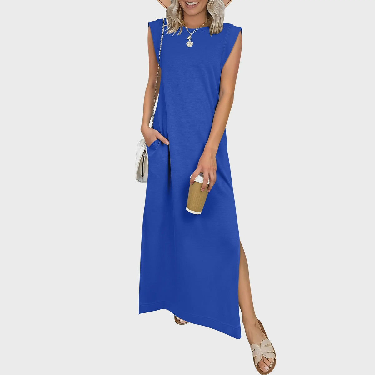 Casual Sleeveless Crew-Neck Maxi Dress