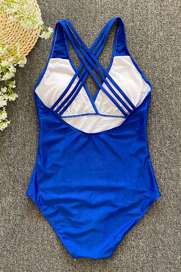 Solid Color Open Back Three-dimensional Striped One-piece Swimsuit