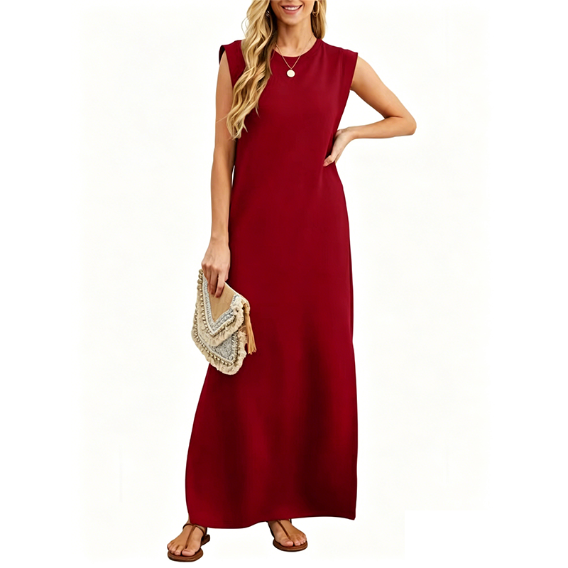 Casual Sleeveless Crew-Neck Maxi Dress