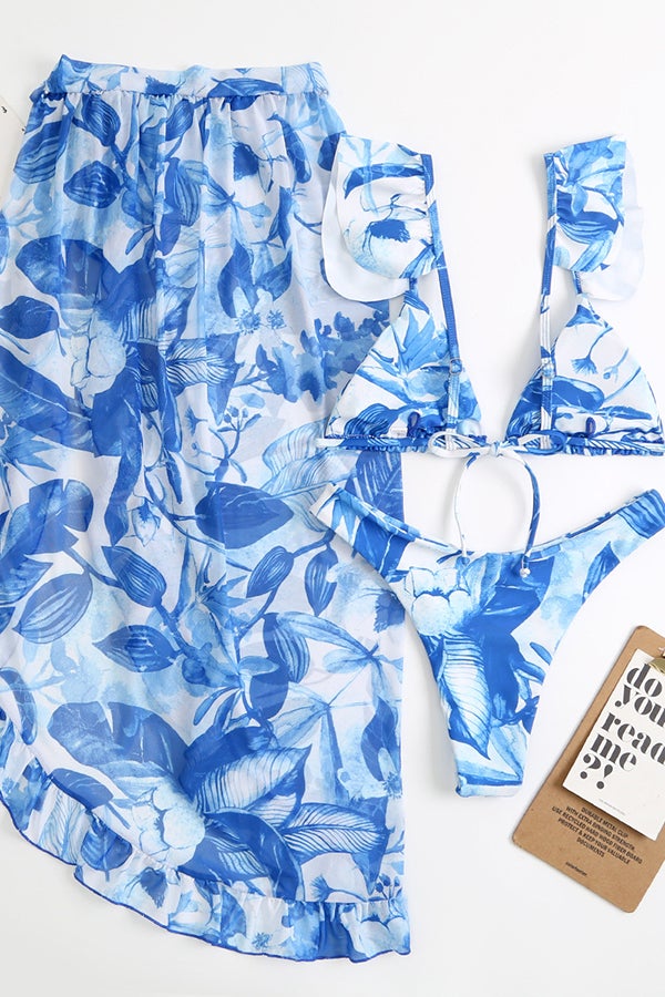 Three-piece Bikini With Leaf Print Mesh Lace