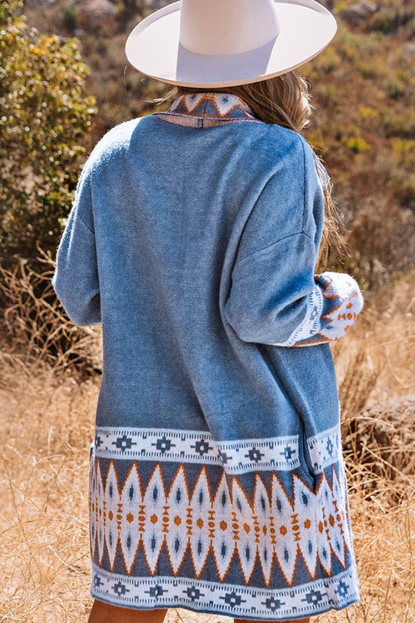 CELIN | Women's Sweaters Blue Aztec Print Open Front Knitted Cardigan