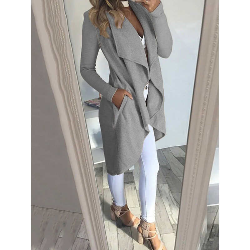 Fashion Solid Colour Lapel Slim Long Windbreaker Jacket