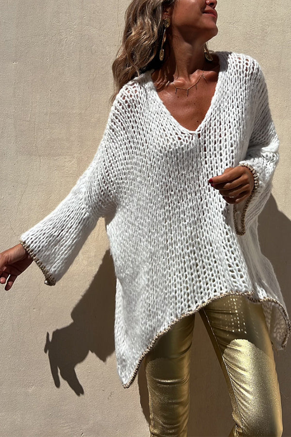 Chill Touch Knit Stripe Trim Loose Pullover Sweater
