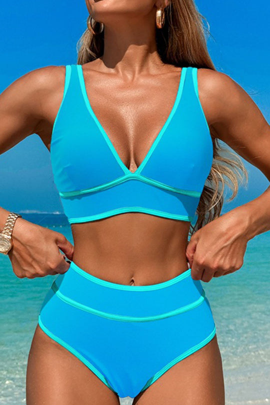V-neck colour-stitched two-piece swimsuit