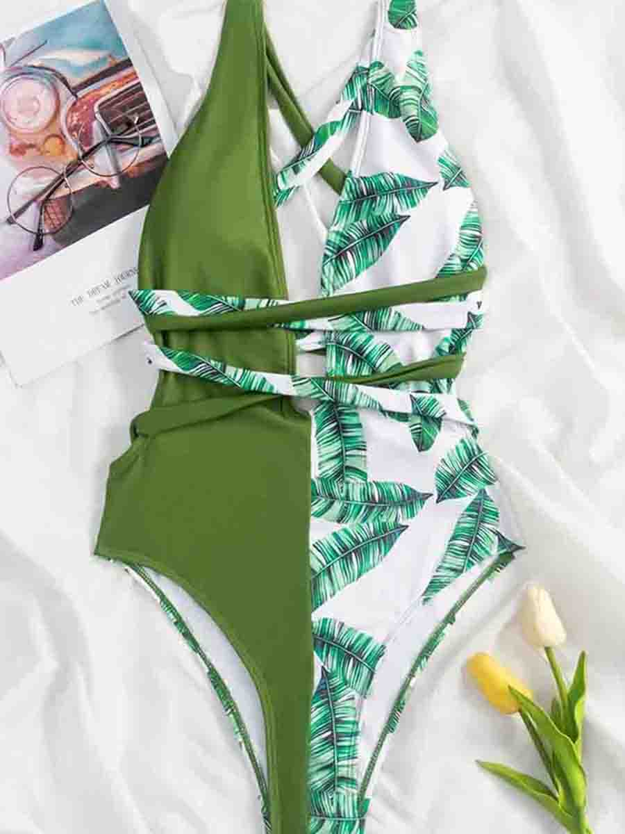 Floral Print  Patchwork Green One-piece Swimsuit