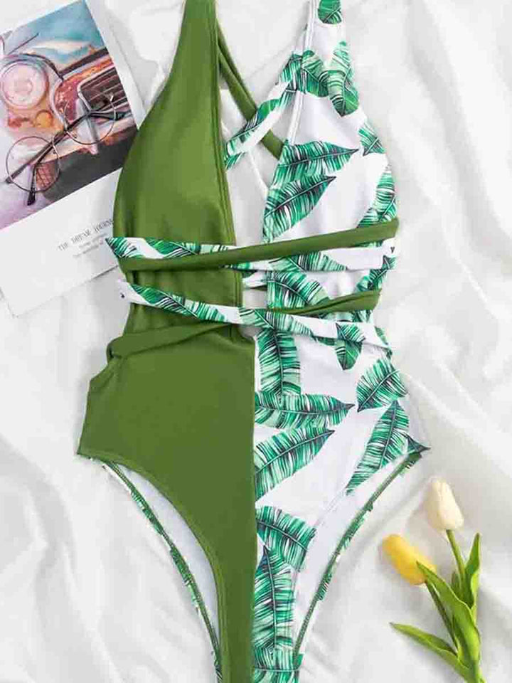 Floral Print  Patchwork Green One-piece Swimsuit