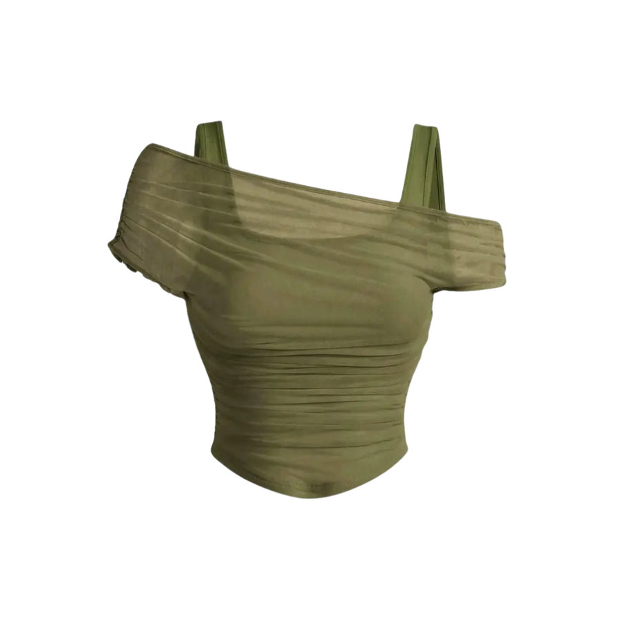 LUXETTE™ – Ruched Mesh Asymmetric Crop Top