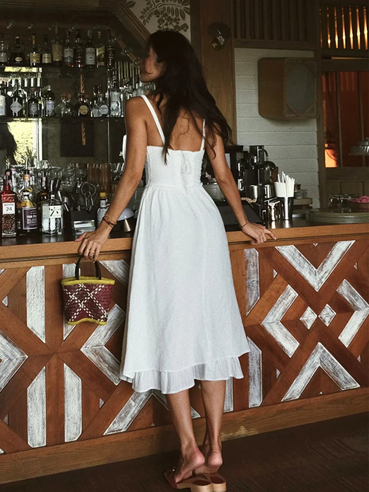Iris | Solid-Colour Spaghetti-Strap Midi Dress with Ruffle Hem