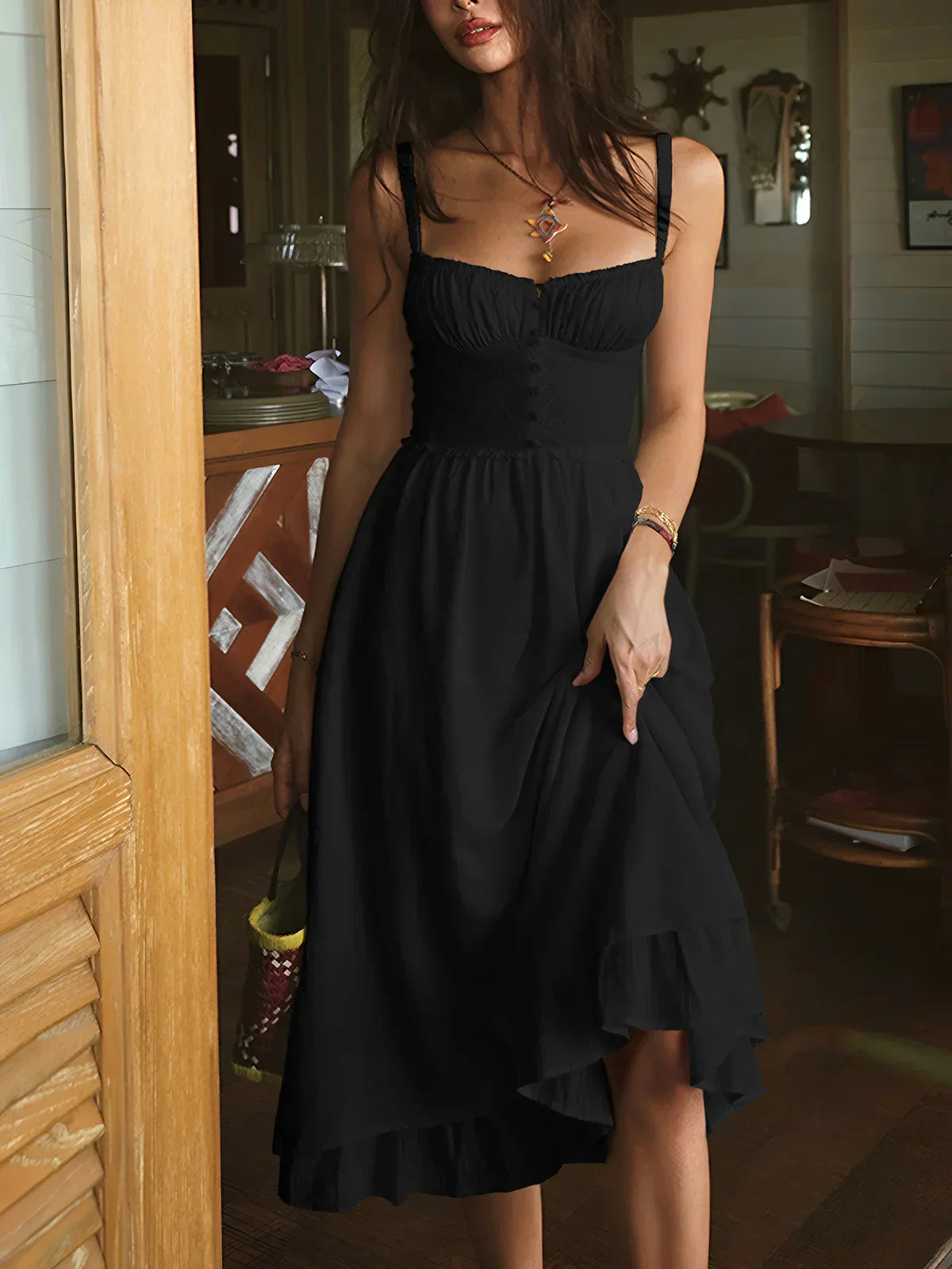 Iris | Solid-Colour Spaghetti-Strap Midi Dress with Ruffle Hem