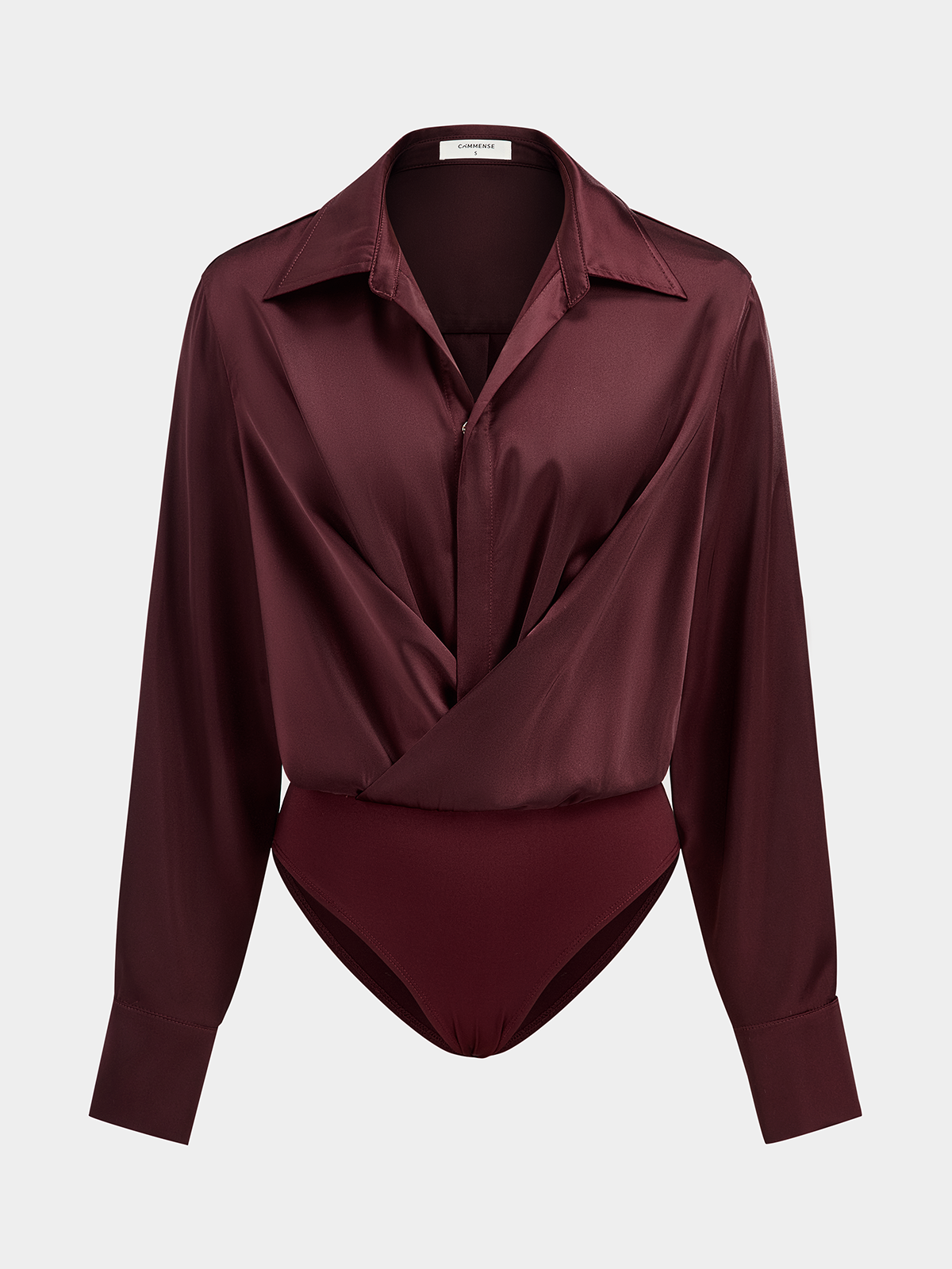 Diacie Collared Draped Satin Long Sleeve Bodysuit