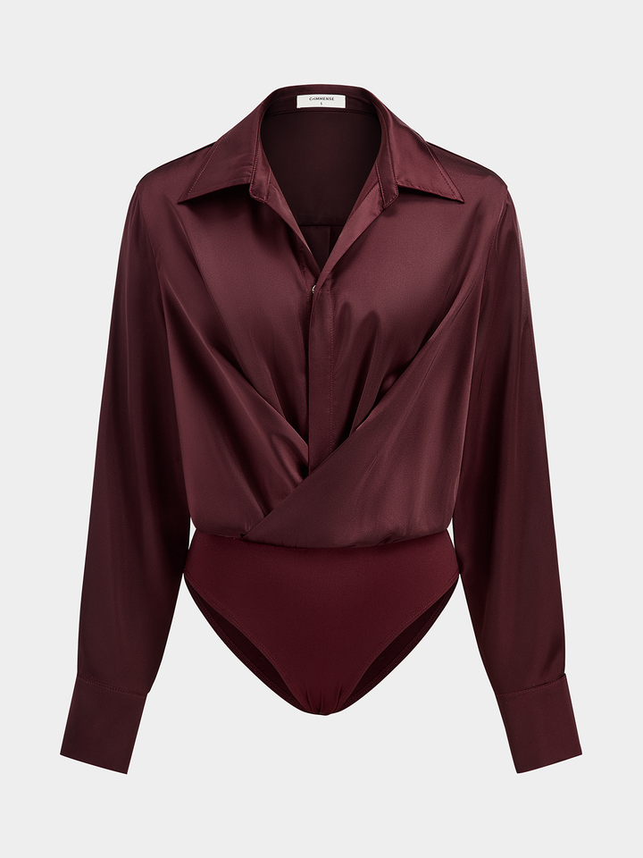 Diacie Collared Draped Satin Long Sleeve Bodysuit