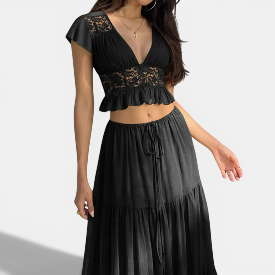 CARIÑA™ – Sheer Lace Tie-Up Two Piece Set