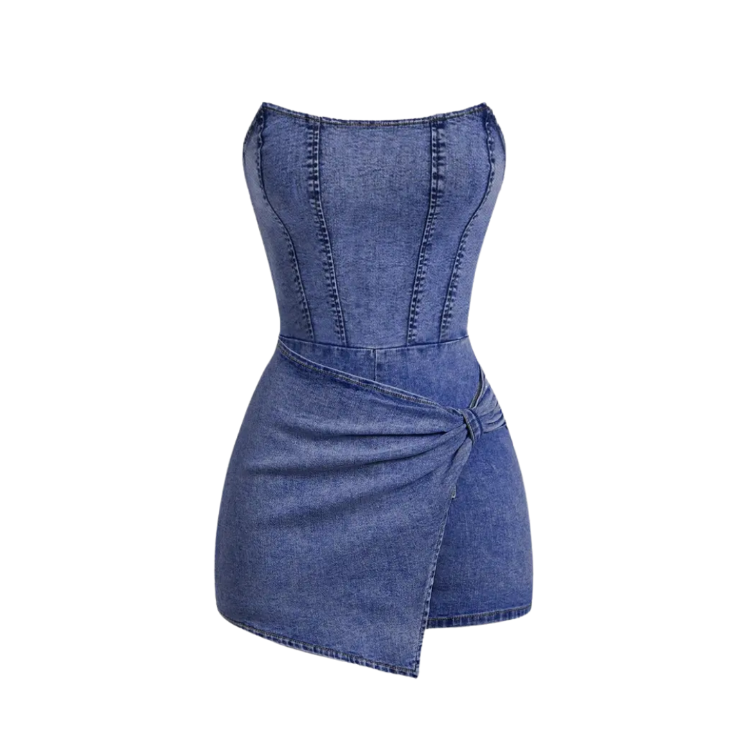 VIXEN™ – Twisted Front Strapless Denim Romper