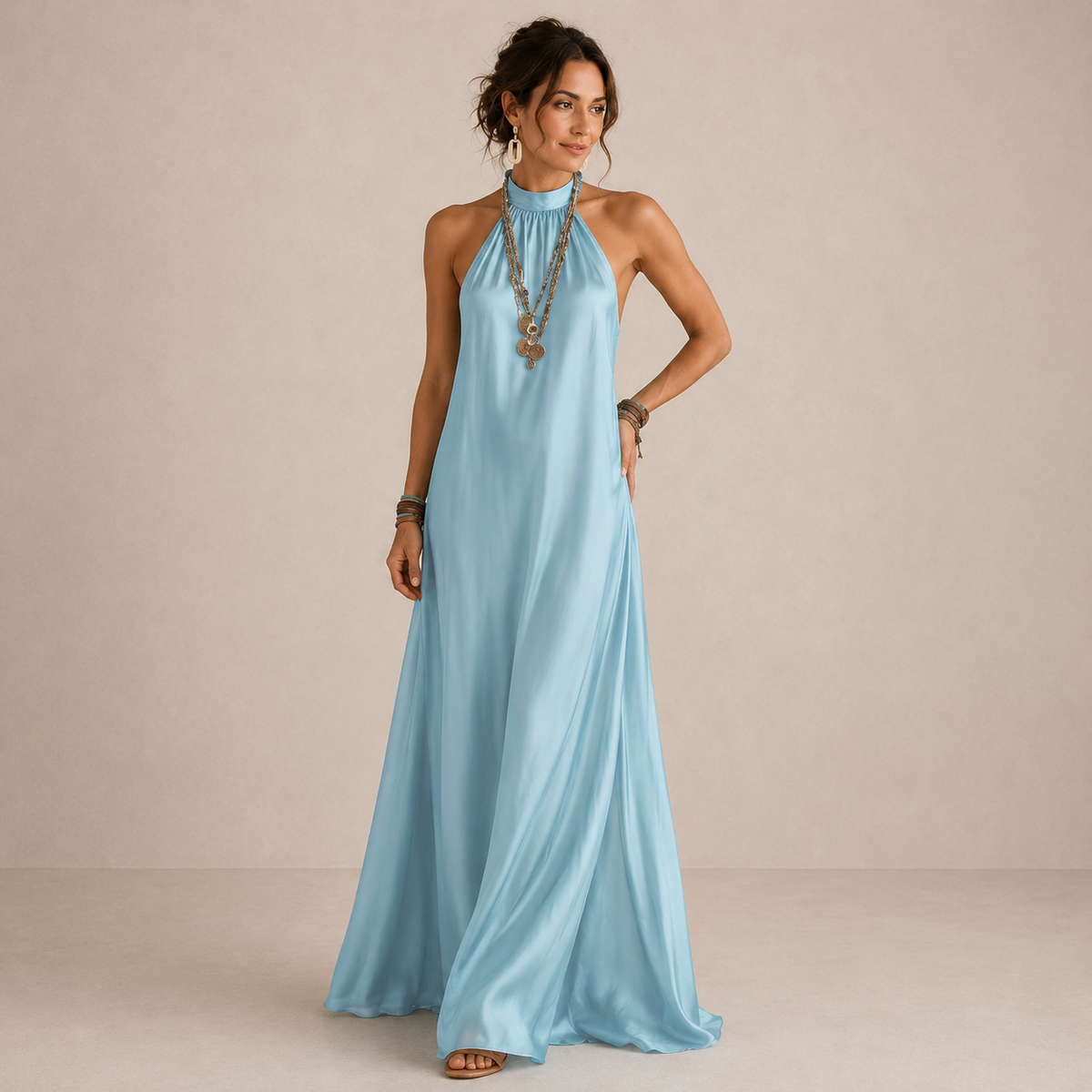 Magnolia Blue Halter Neck Flowing Maxi Dress