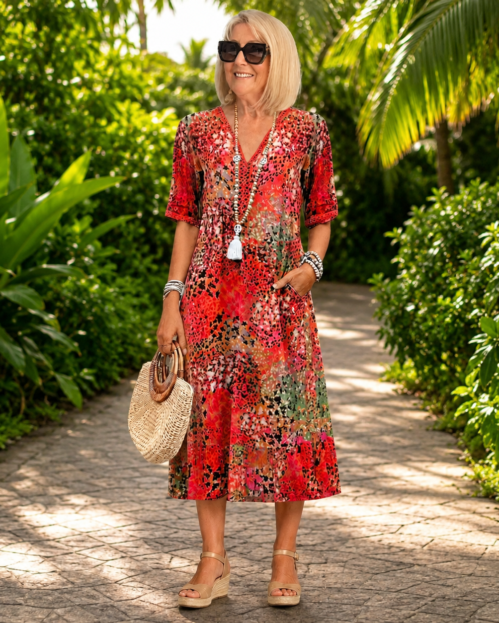 Noosa | Flowy V-Neck Printed Midi Dress