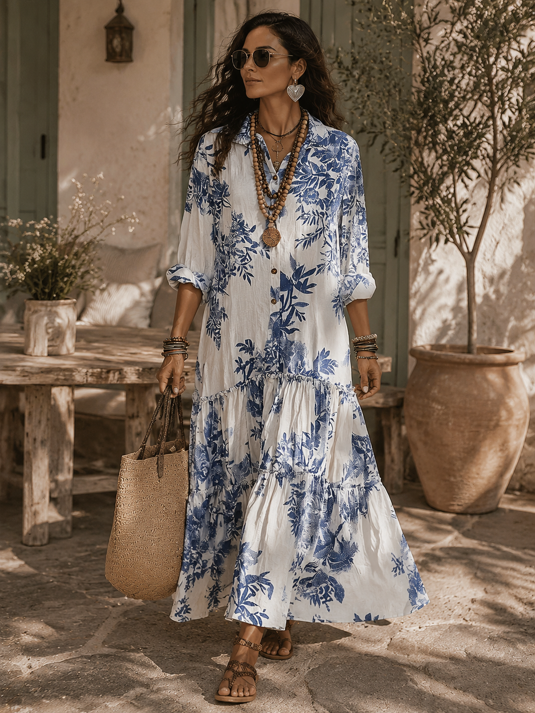 Dahlia™ - Bohemian Blue Floral Button-Down Tiered Maxi Dress