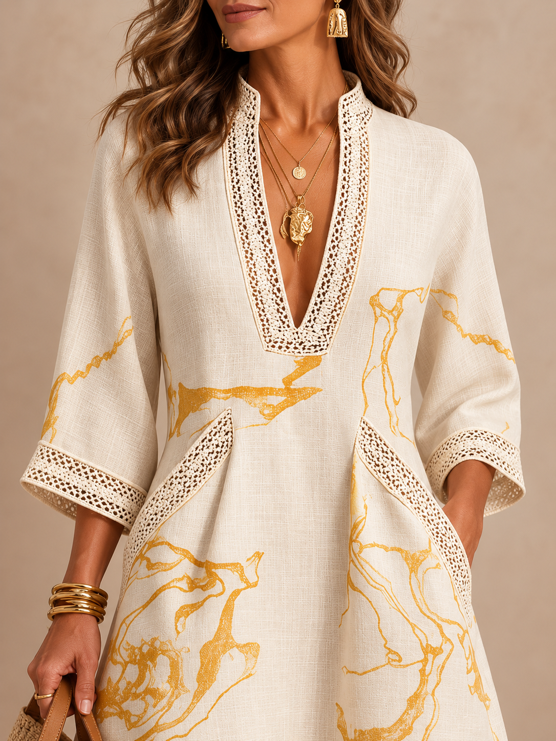 ALIÉNOR | IVORY CROCHET LACE V-NECK MINI DRESS WITH GOLD DETAILS