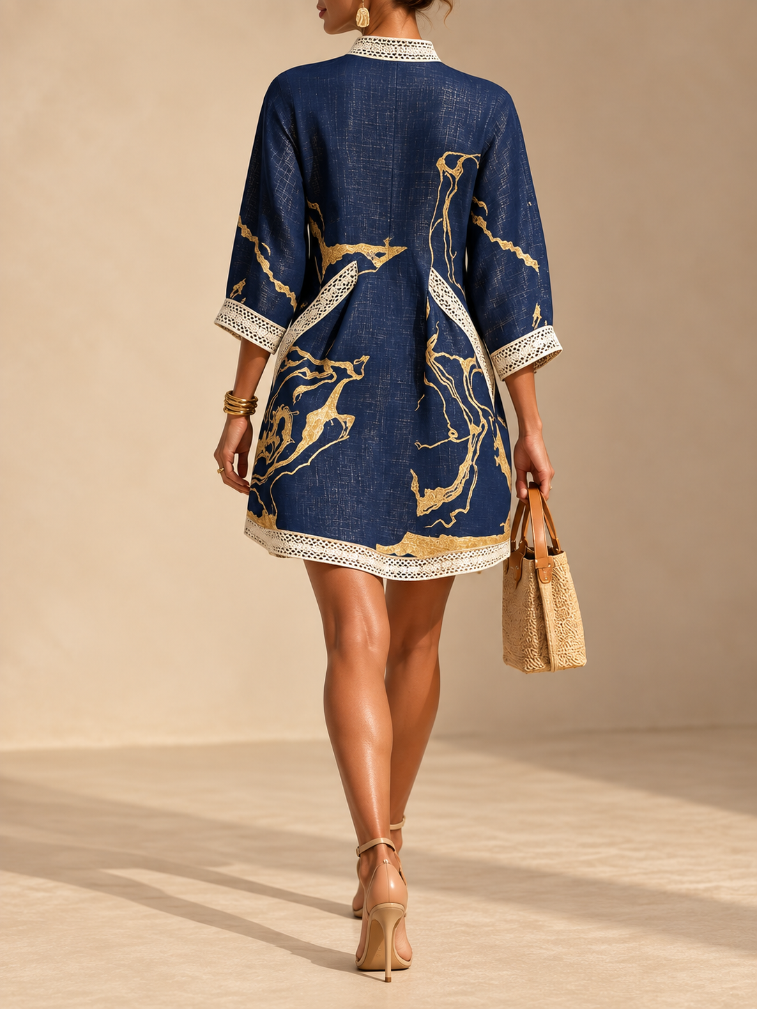 COSETTE | NAVY CROCHET LACE V-NECK MINI DRESS WITH GOLD DETAILS