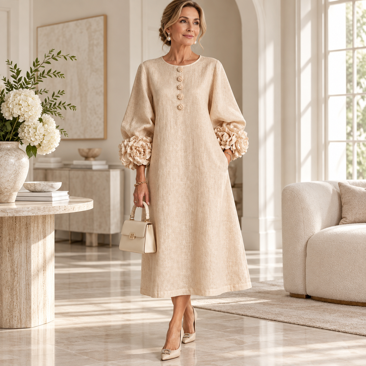 Elowen | Rosette-Cuff Button Midi Dress