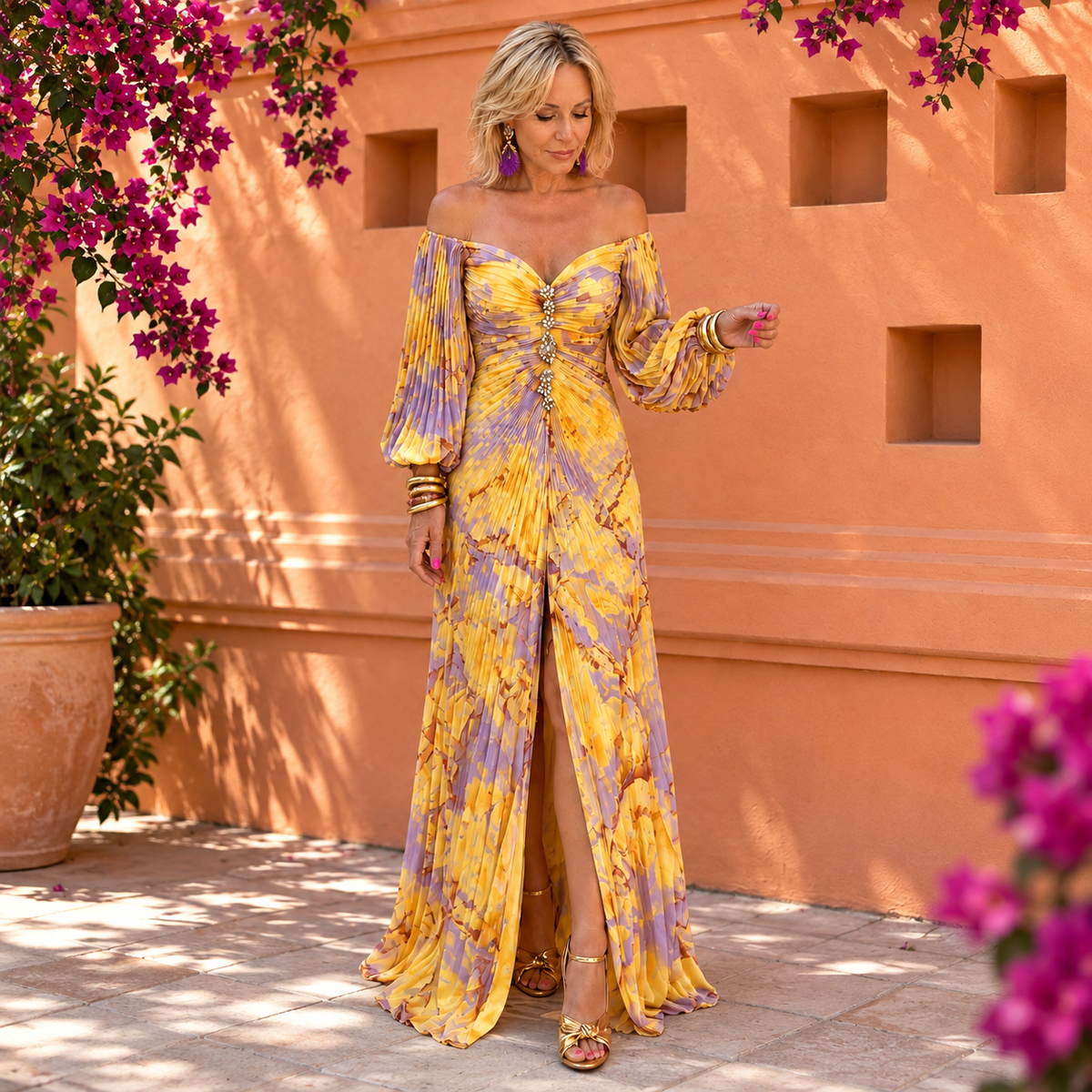 GRETA | LONG FLORAL DRESS WITH A DEEP NECKLINE