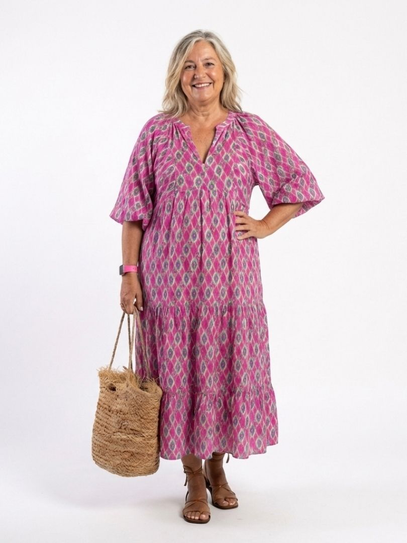 Apolline™ - Three Quarter Sleeve V Neck Patterned Midi Dress