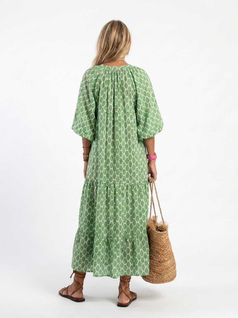 Apolline™ - Three Quarter Sleeve V Neck Patterned Midi Dress