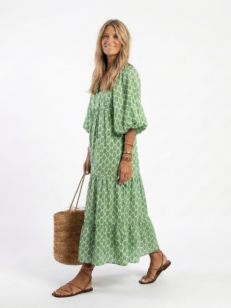 Apolline™ - Three Quarter Sleeve V Neck Patterned Midi Dress
