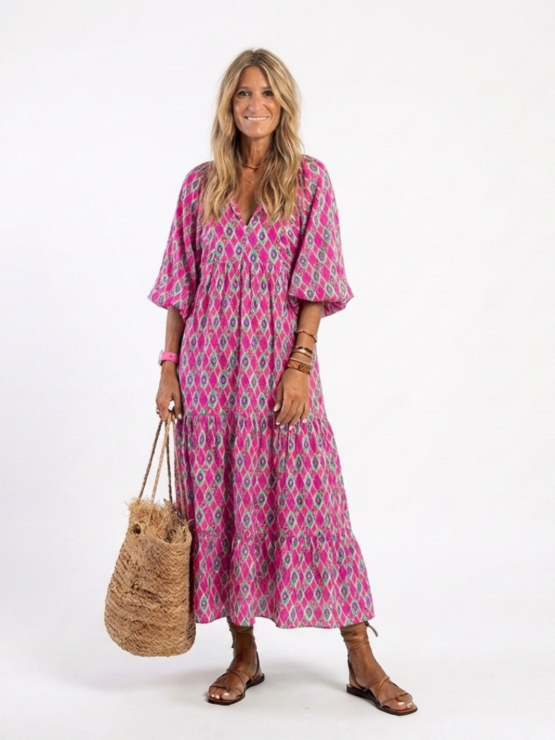 Apolline™ - Three Quarter Sleeve V Neck Patterned Midi Dress