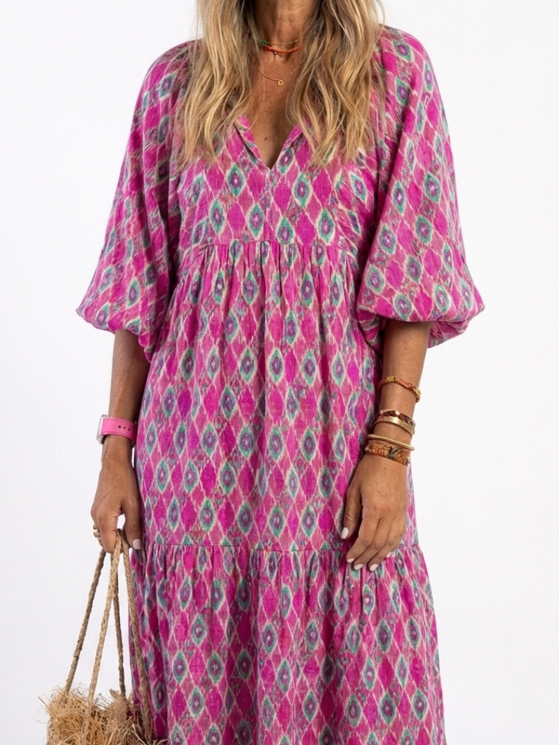 Apolline™ - Three Quarter Sleeve V Neck Patterned Midi Dress