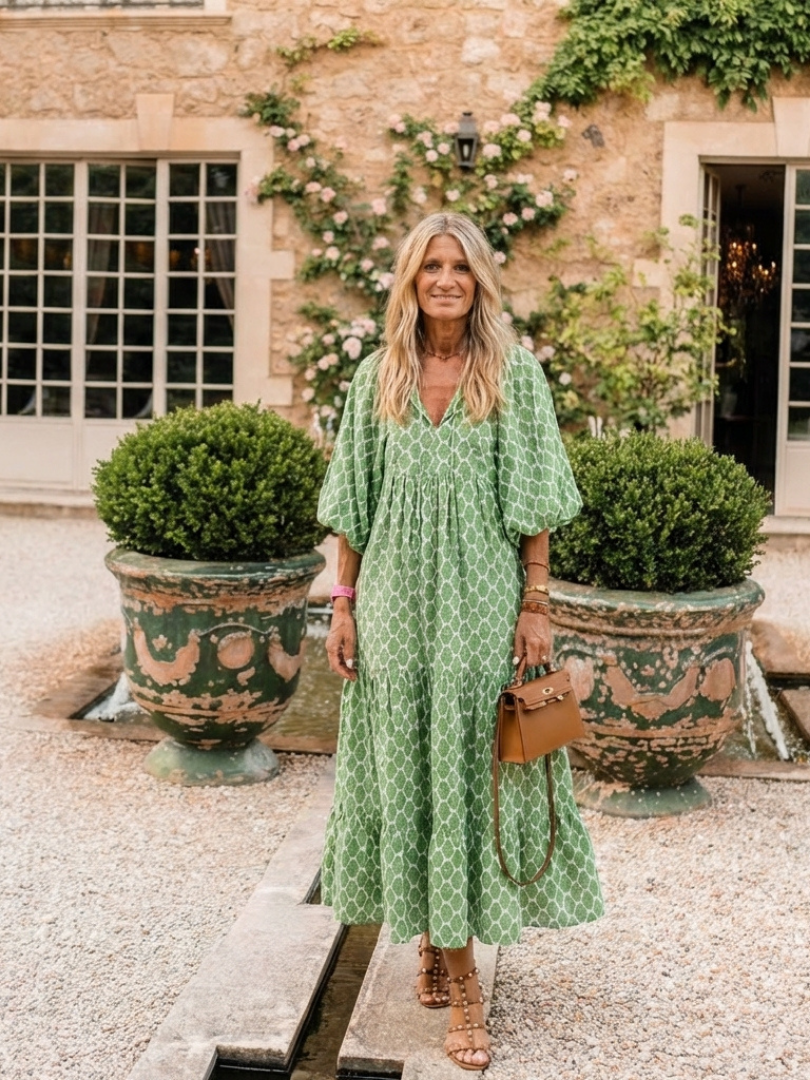 Apolline™ - Three Quarter Sleeve V Neck Patterned Midi Dress