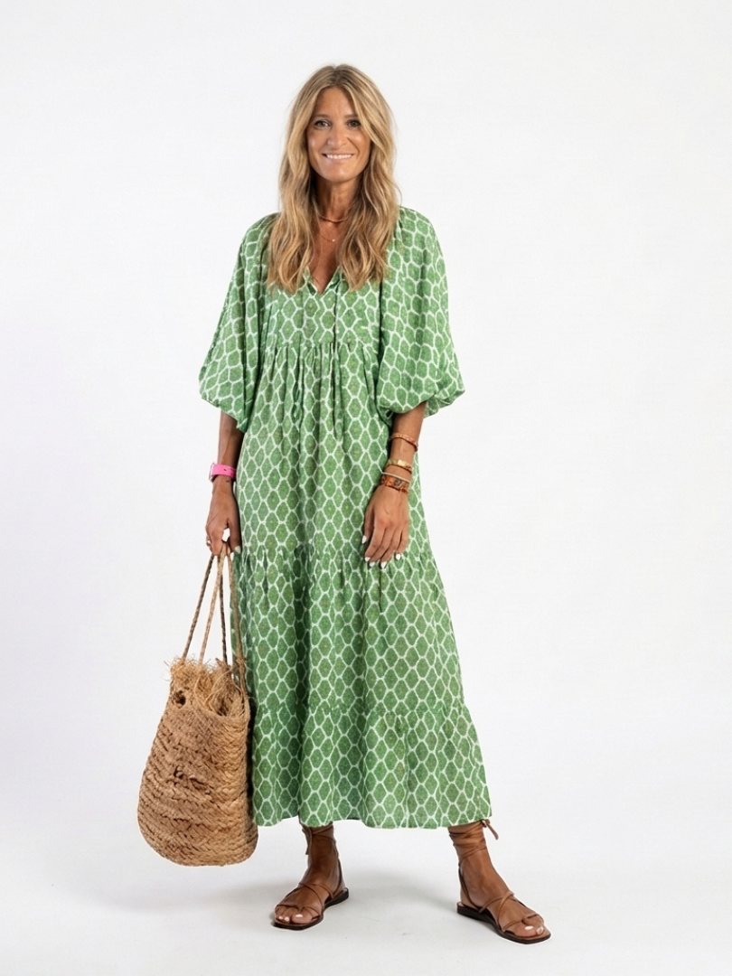 Apolline™ - Three Quarter Sleeve V Neck Patterned Midi Dress