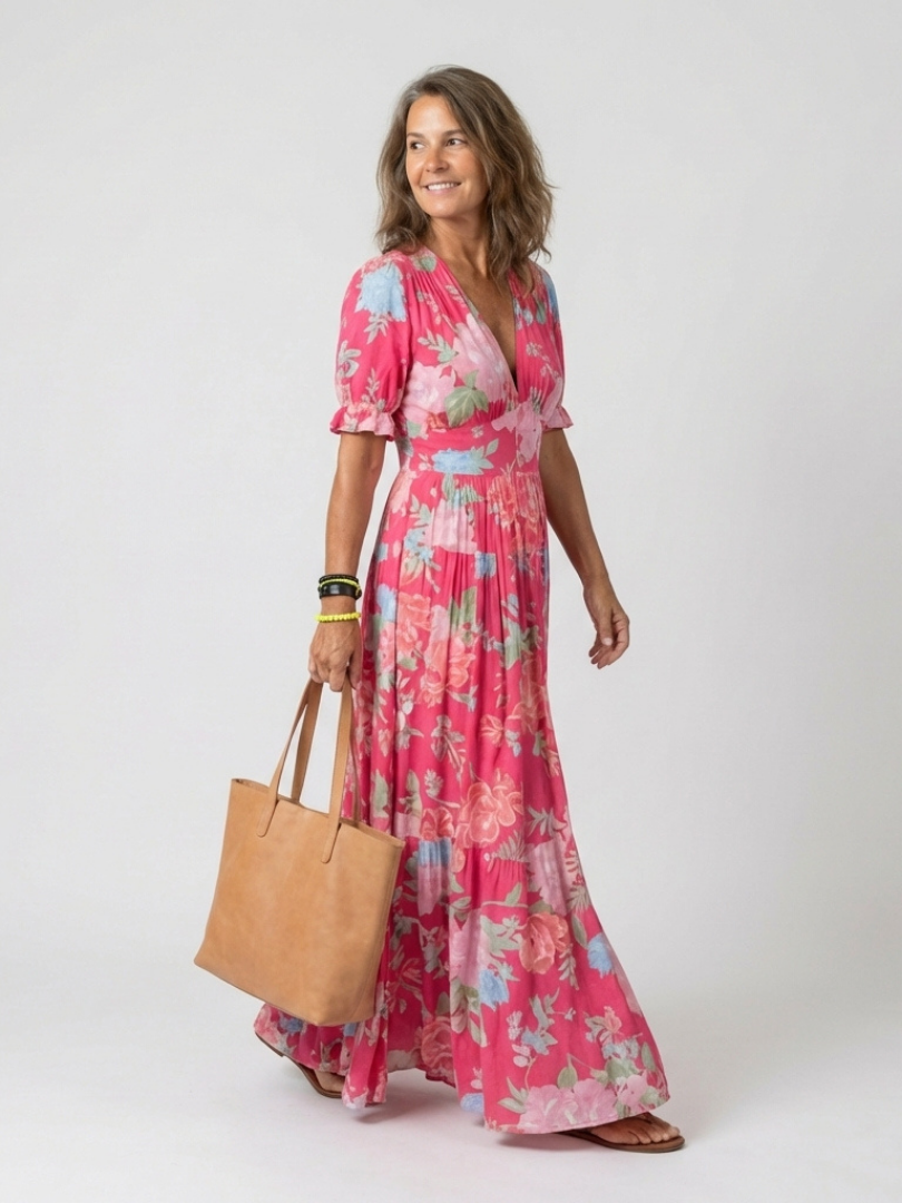 Ione™ - Short Sleeve V Neck Floral Midi Dress