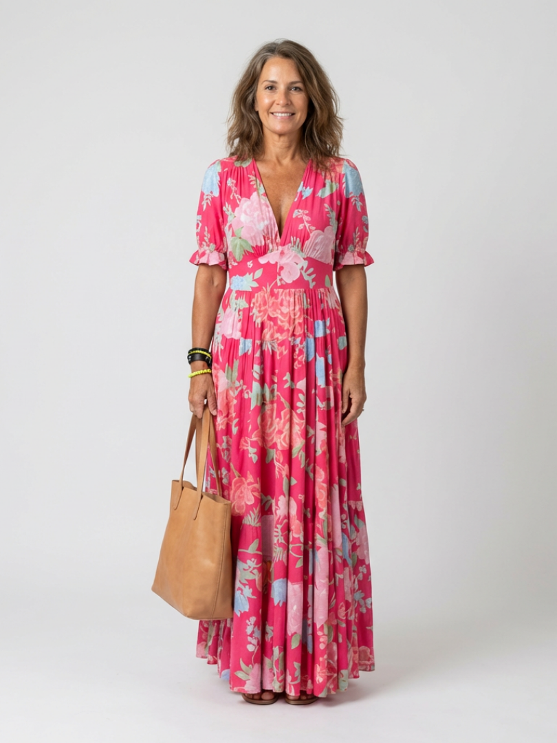 Ione™ - Short Sleeve V Neck Floral Midi Dress