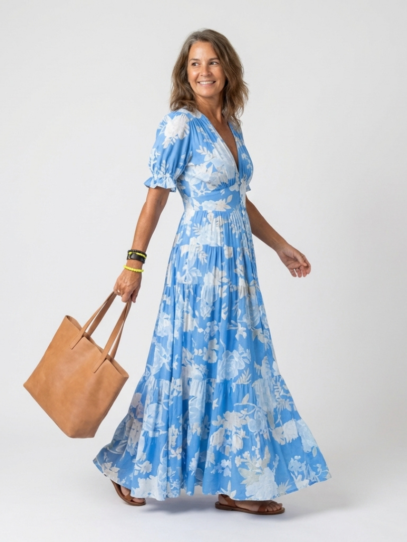 Ione™ - Short Sleeve V Neck Floral Midi Dress