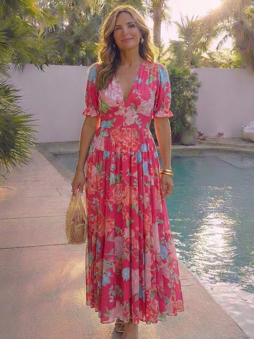 Ione™ - Short Sleeve V Neck Floral Midi Dress