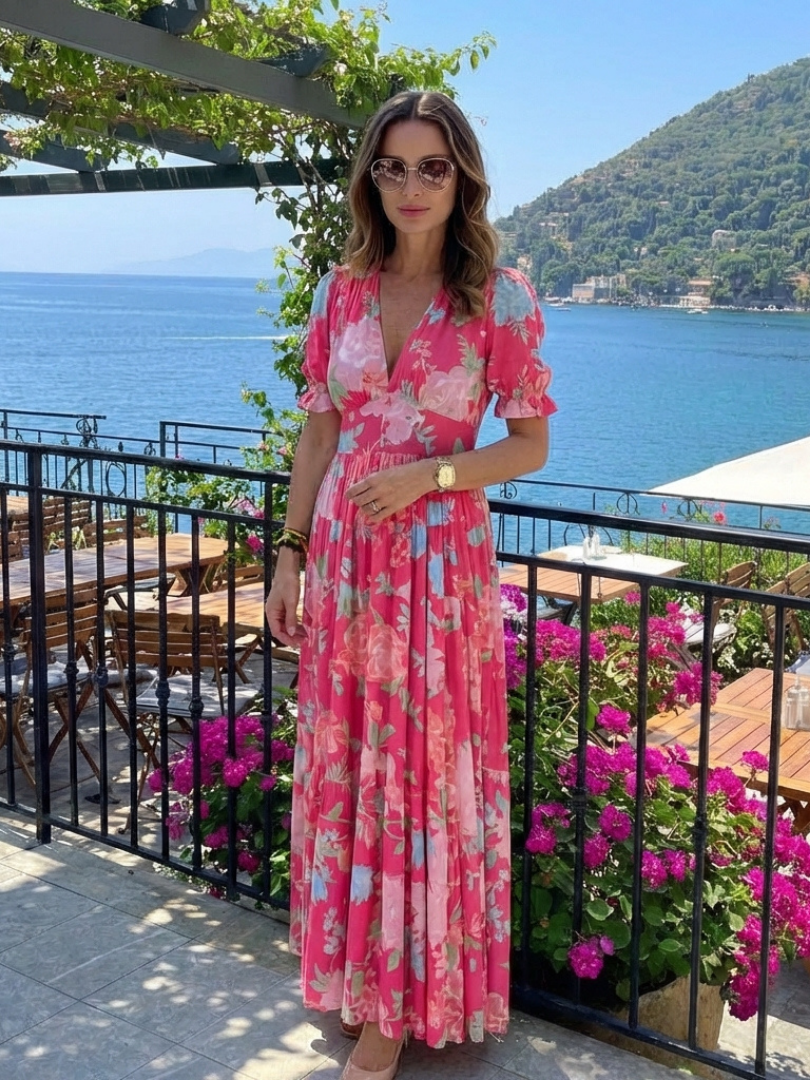 Ione™ - Short Sleeve V Neck Floral Midi Dress
