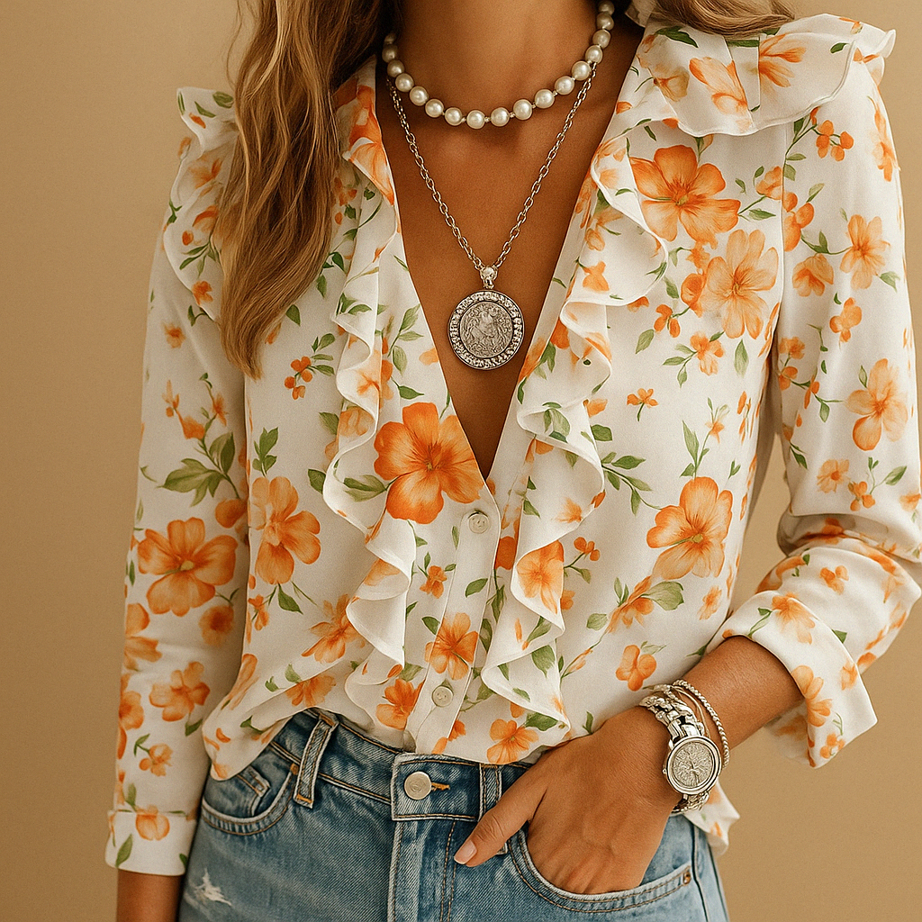 Merel Women's Long Sleeve Blouse with Ruffled Design and Breezy Print