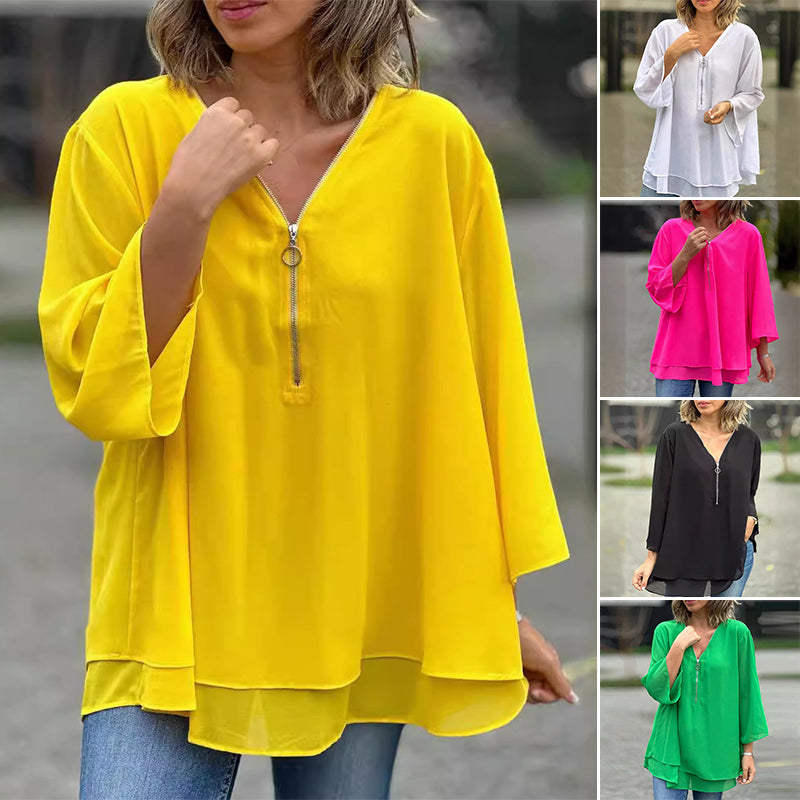 Hyacinth - V-Neck Flowy Zipped Top