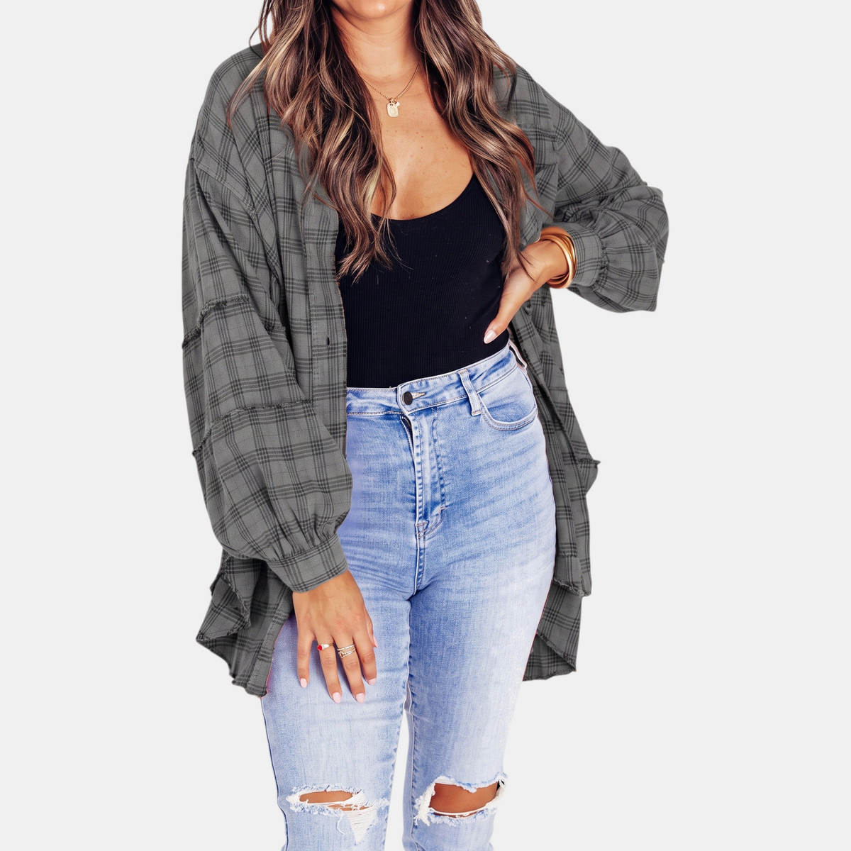 Jeanette | Women's Raw Hem Flannel Shirt Oversized Long Sleeve Blouse