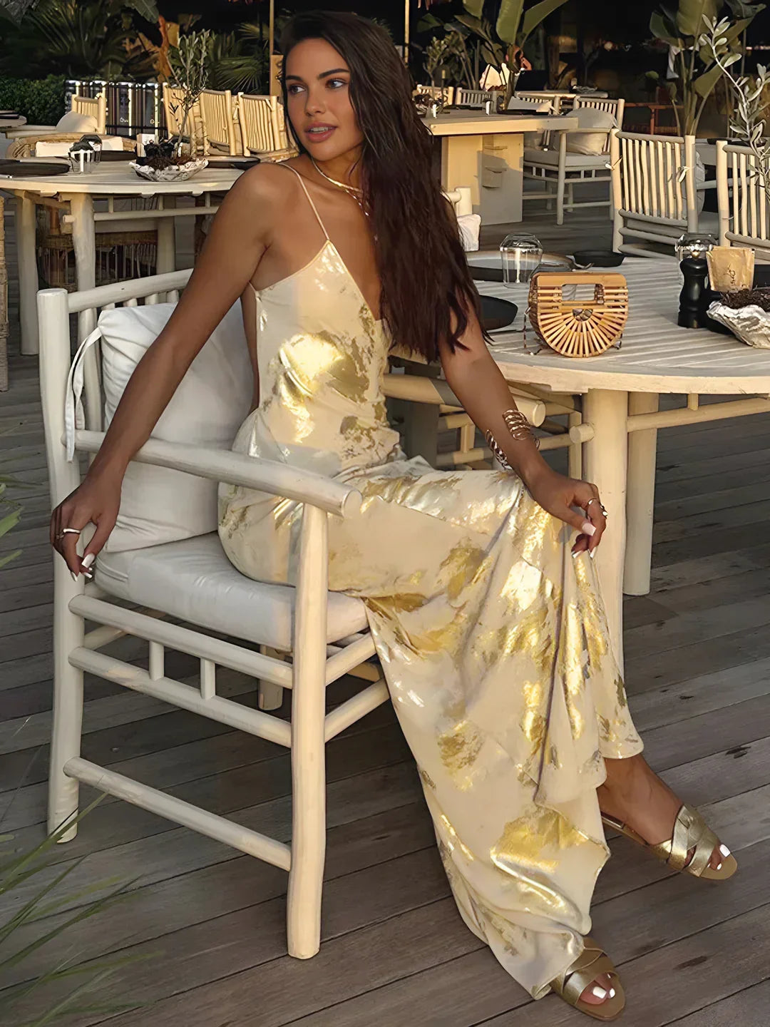 Lola | Metallic Satin V-Neck Backless Maxi Dress