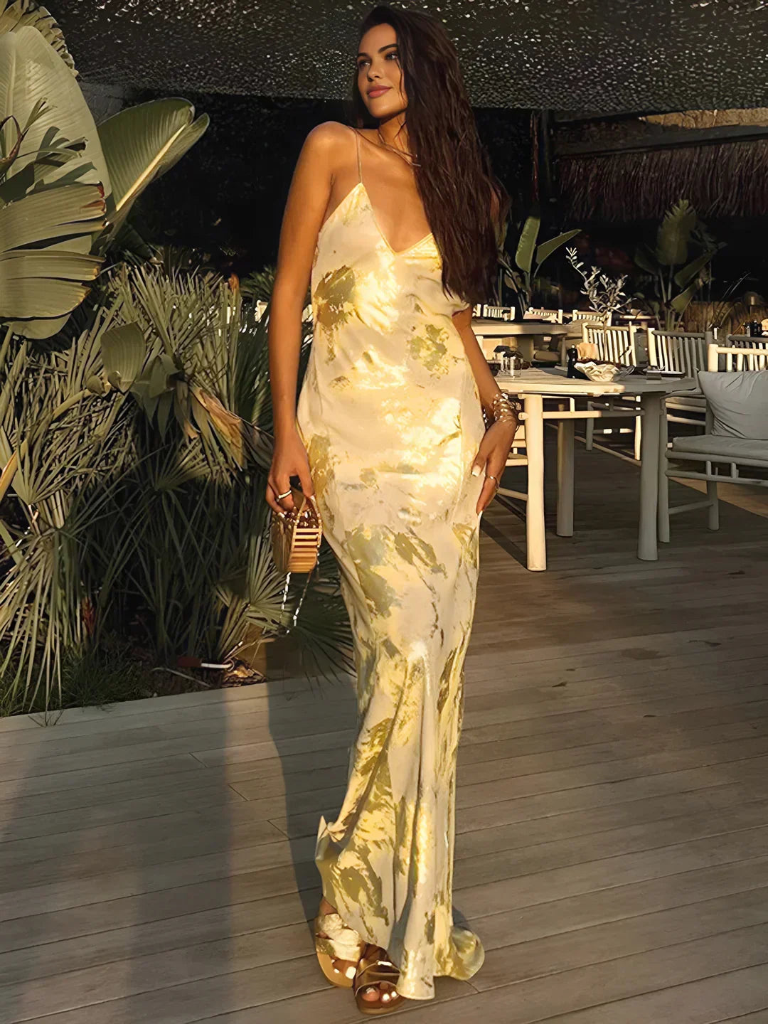 Lola | Metallic Satin V-Neck Backless Maxi Dress