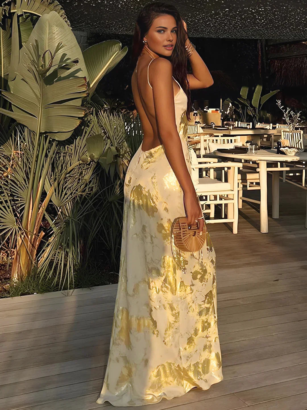 Lola | Metallic Satin V-Neck Backless Maxi Dress