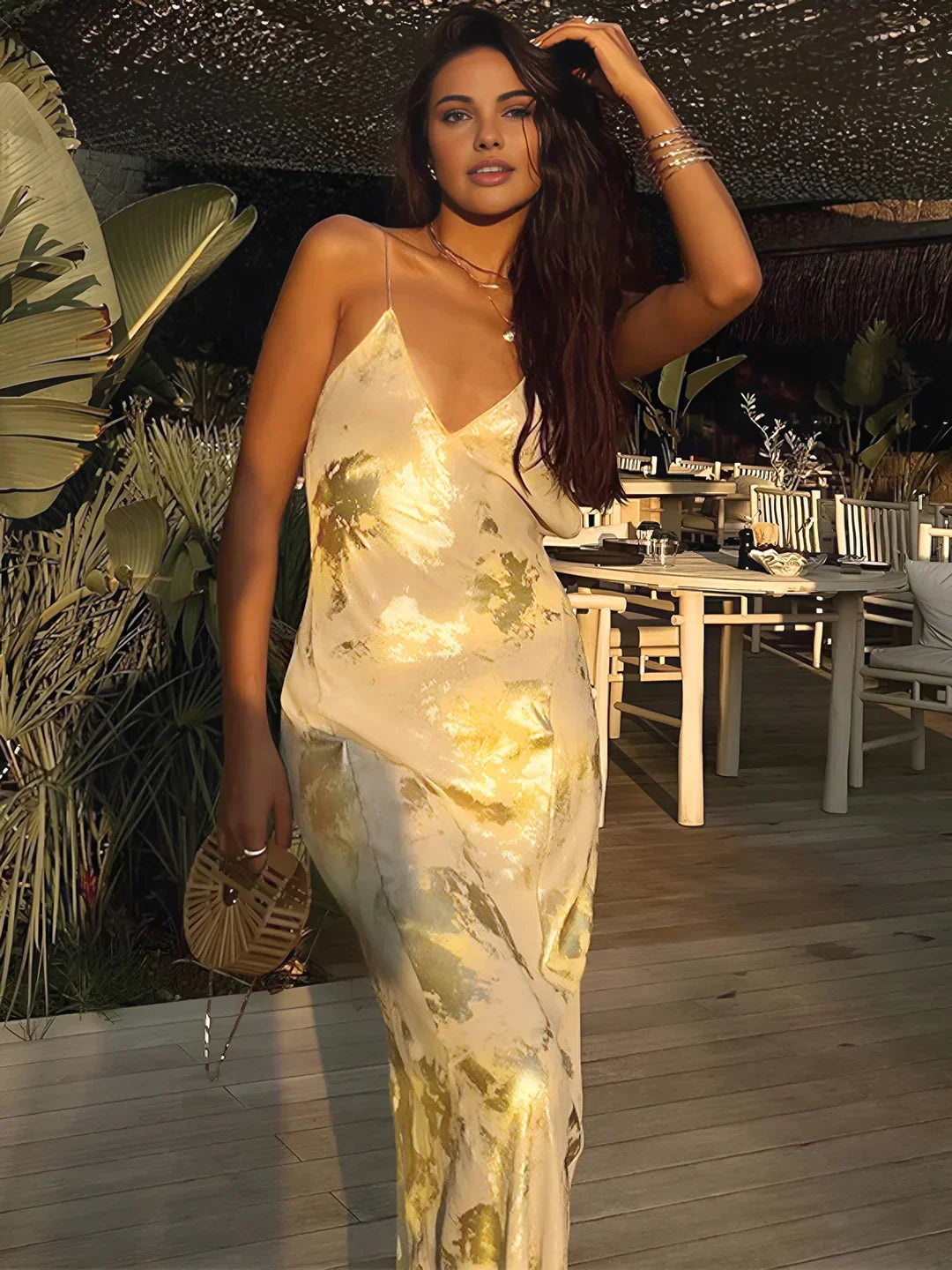 Lola | Metallic Satin V-Neck Backless Maxi Dress