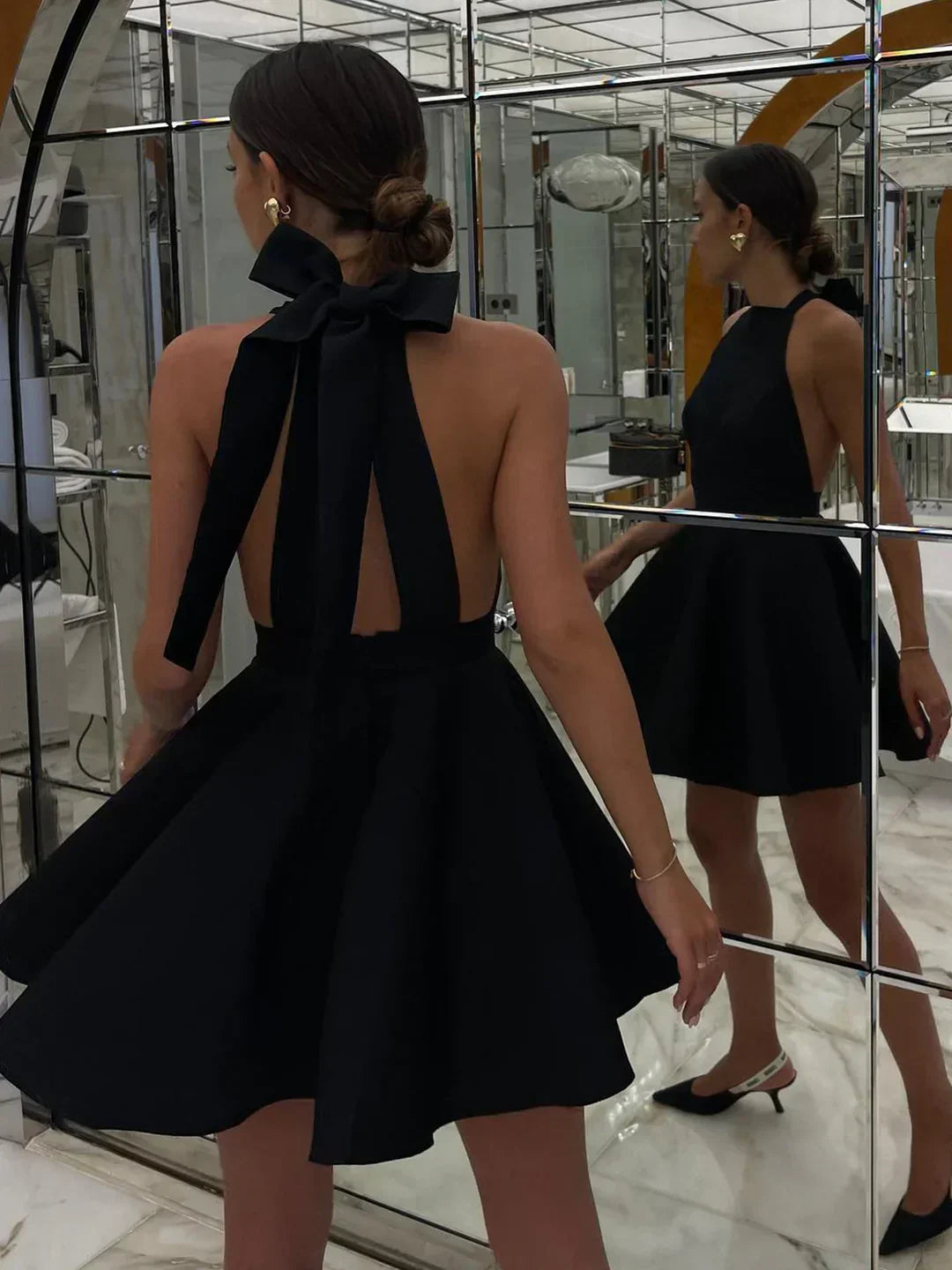 Carolina | Pleated Satin Tie-Front Backless Mini Dress with Double Pockets