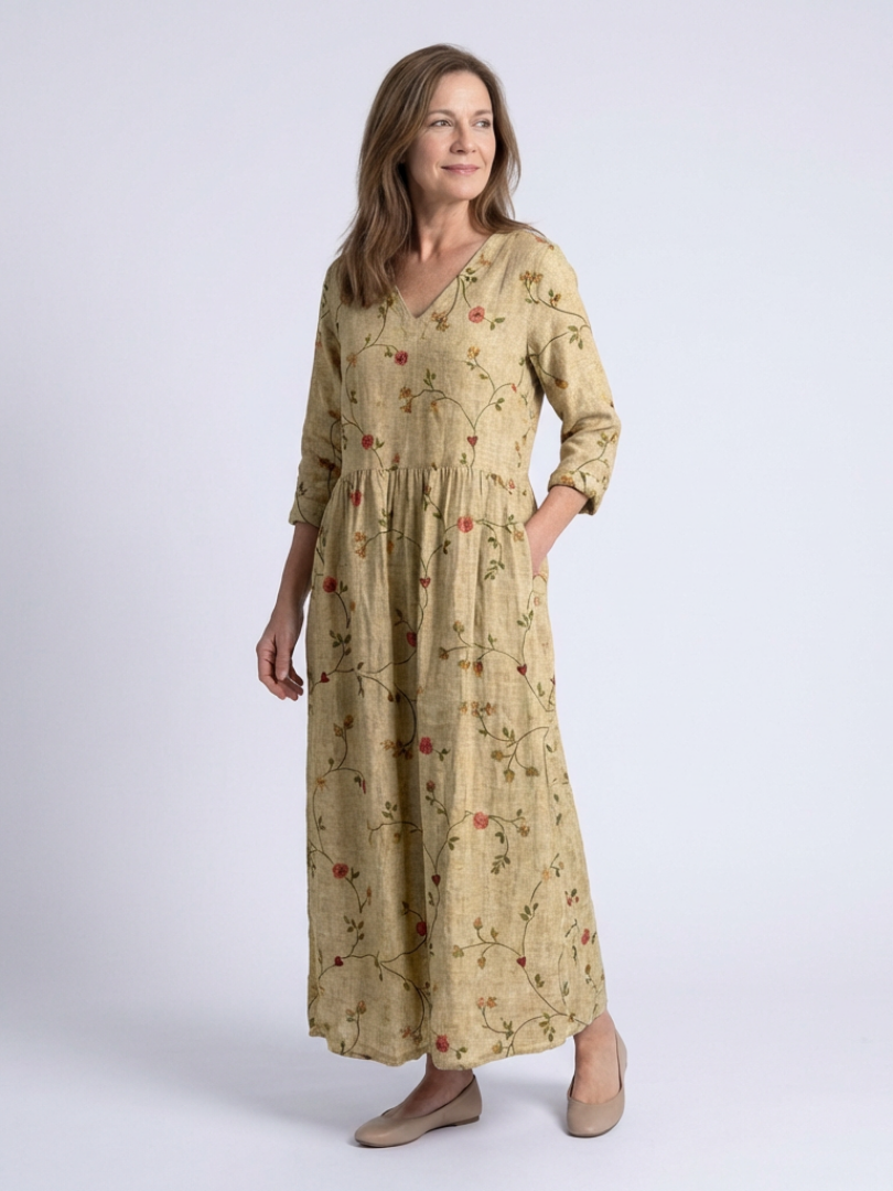 Marina™ - Floral V Neck Three Quarter Sleeve Maxi Dress
