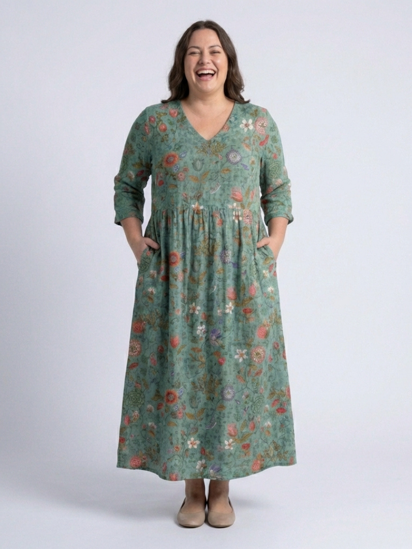 Marina™ - Floral V Neck Three Quarter Sleeve Maxi Dress