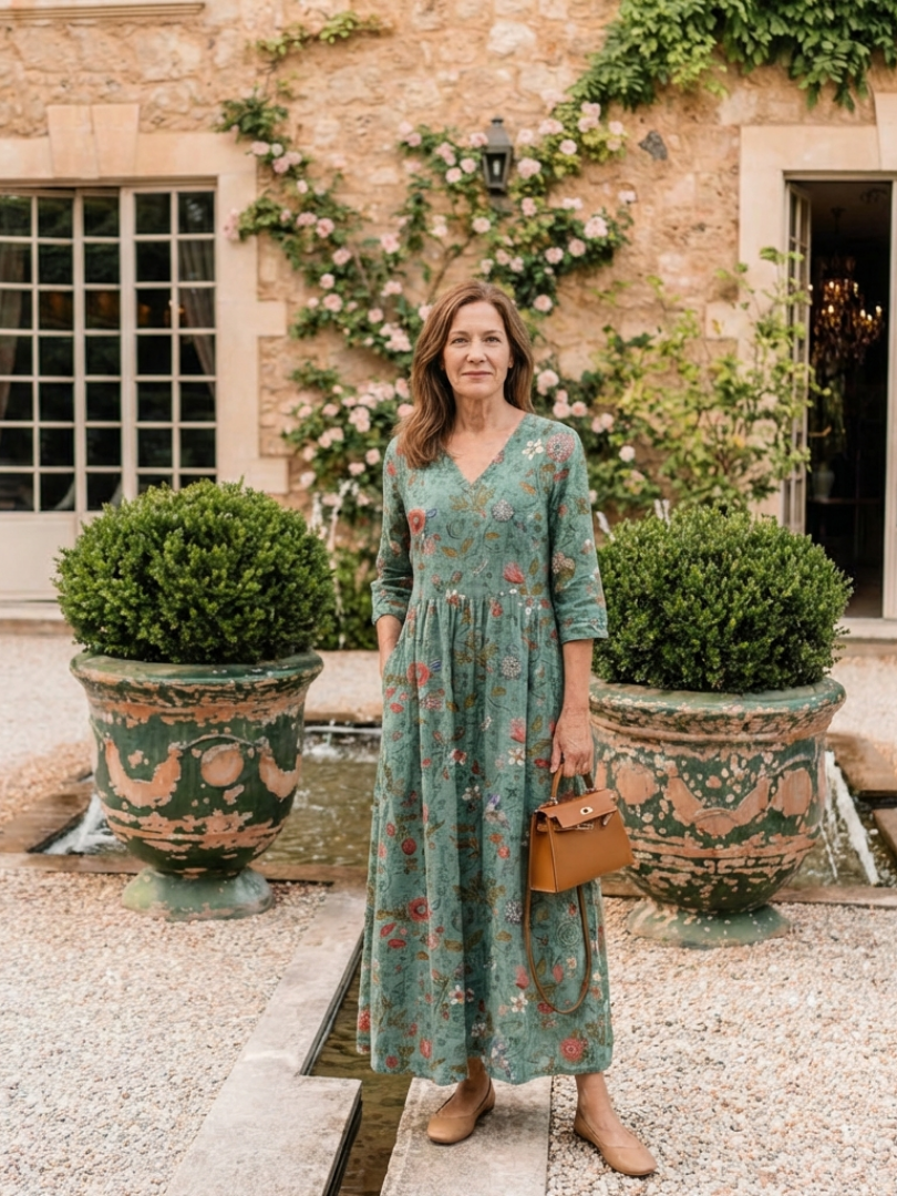 Marina™ - Floral V Neck Three Quarter Sleeve Maxi Dress