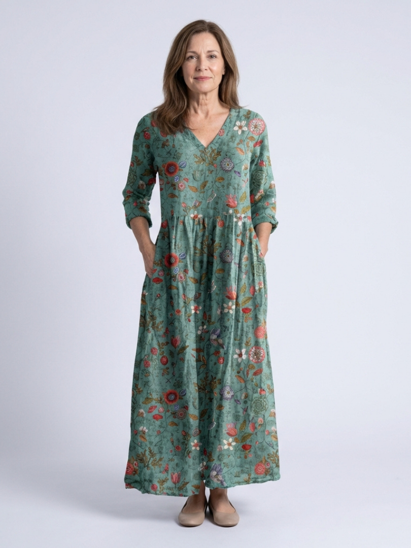 Marina™ - Floral V Neck Three Quarter Sleeve Maxi Dress