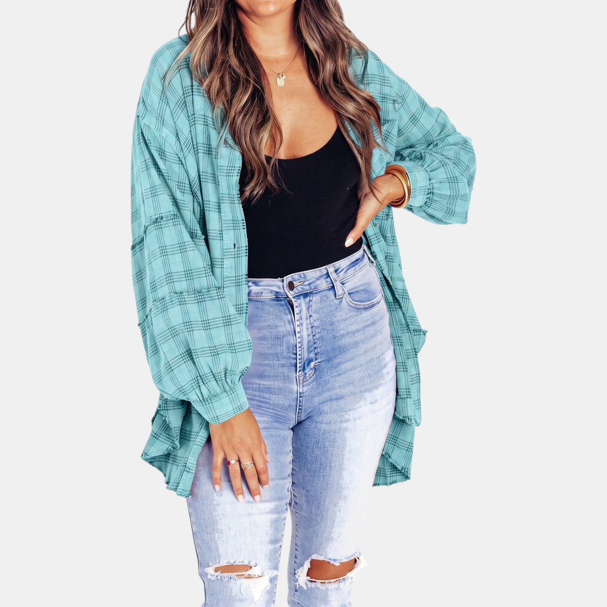 Jeanette | Women's Raw Hem Flannel Shirt Oversized Long Sleeve Blouse